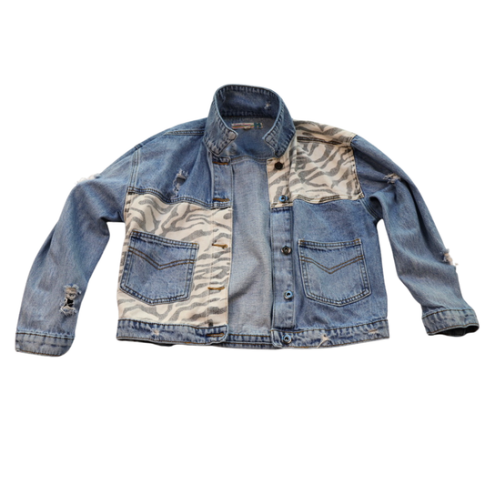 Vintage Havana Patchwork Zebra Denim Jacket | Cropped Distressed Statement Piece | Size Youth XL (Fits XS–S)
