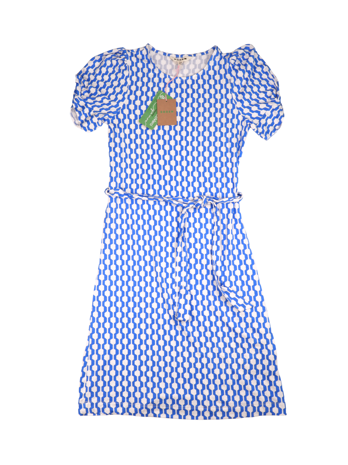 Boden Blue Geometric Print Midi Dress NWT – Tie Waist Short Sleeve Size 6R