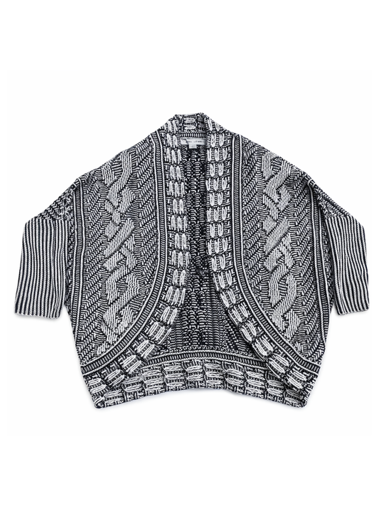 Larry Levine Black & White Open Knit Dolman Cardigan Sweater Size Large Boho Textured