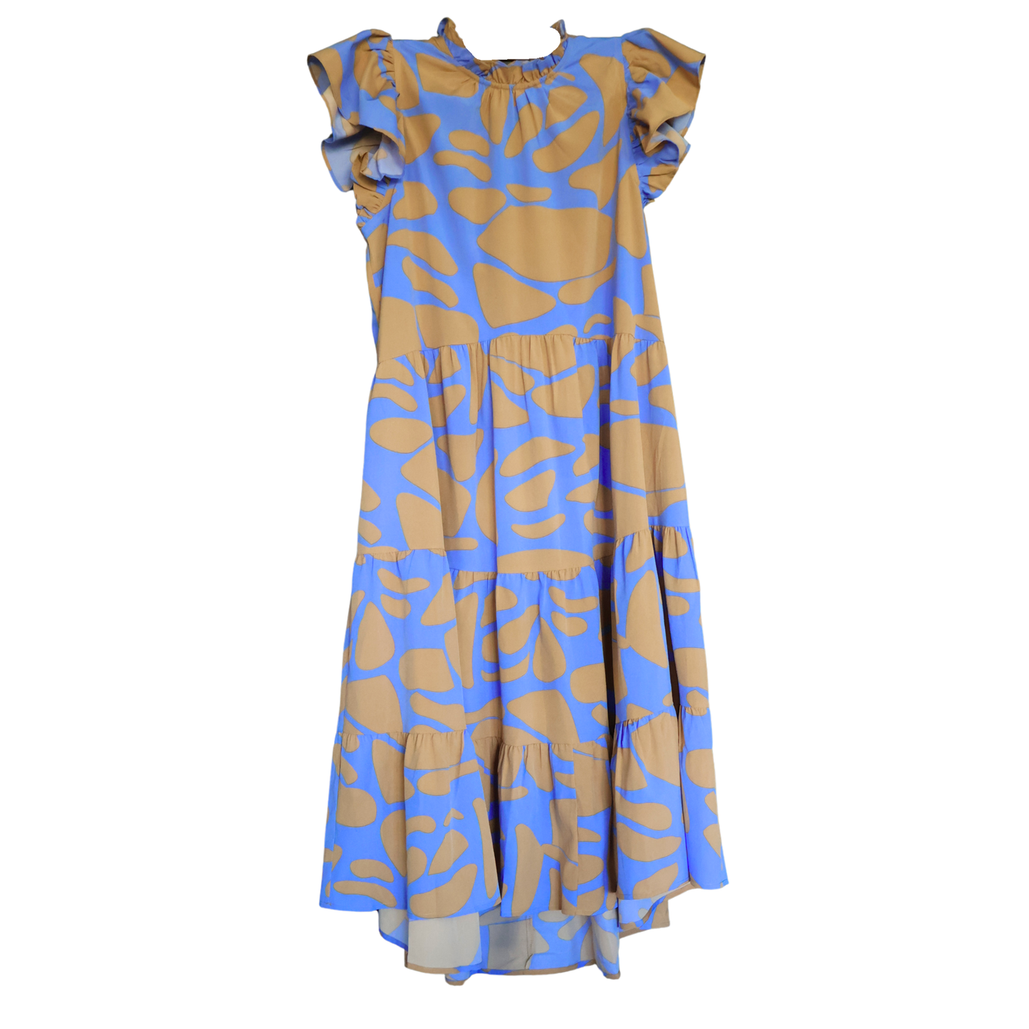 Pinch Abstract Print Midi Dress Blue & Tan Ruffle Sleeve Size Large