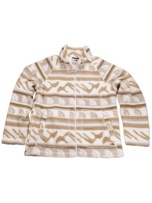 The North Face Printed Sherpa Fleece Jacket – Tan & Cream Cozy Essential (Size Medium)