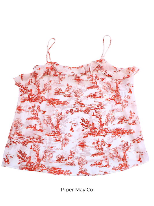 Bar III Red Toile Ruffle Camisole Tank – Statement Print | Size Large