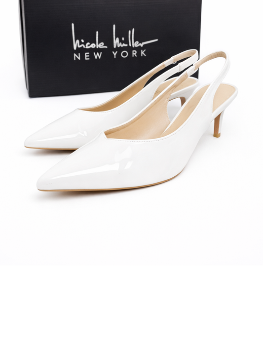 Nicole Miller Lebon Slingback Heels 8.5 | White Patent Kitten Heel