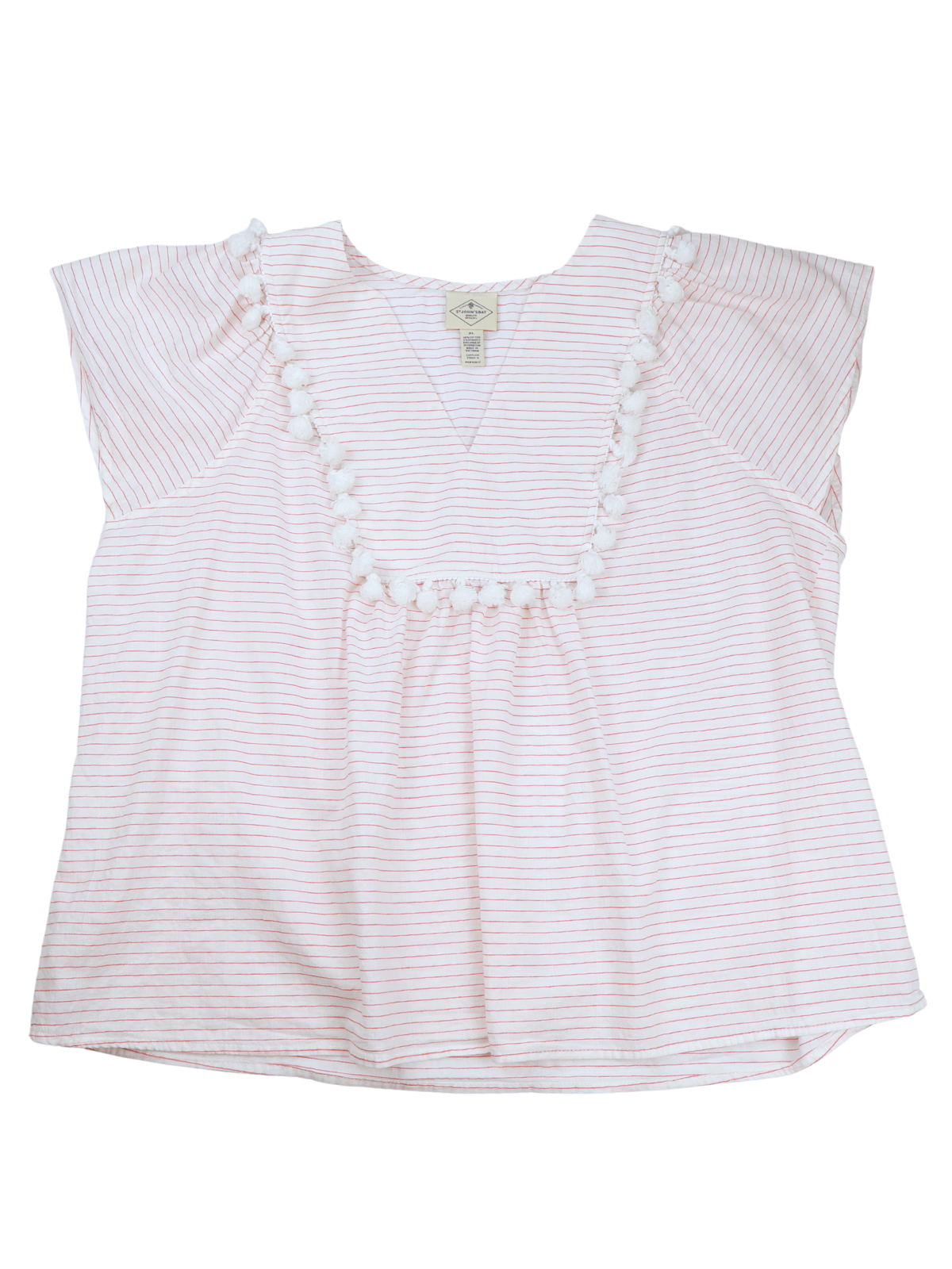 St. John’s Bay White Red Stripe Pom Trim Blouse Size XL Coastal Boho Top