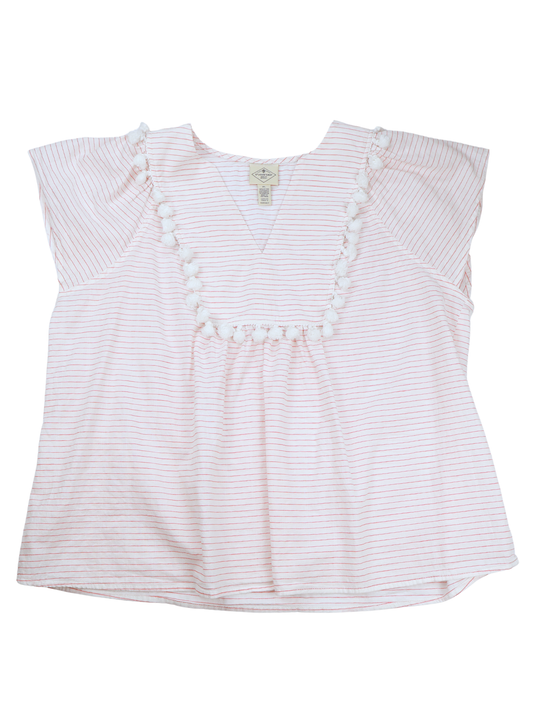 St. John’s Bay White Red Stripe Pom Trim Blouse Size XL Coastal Boho Top