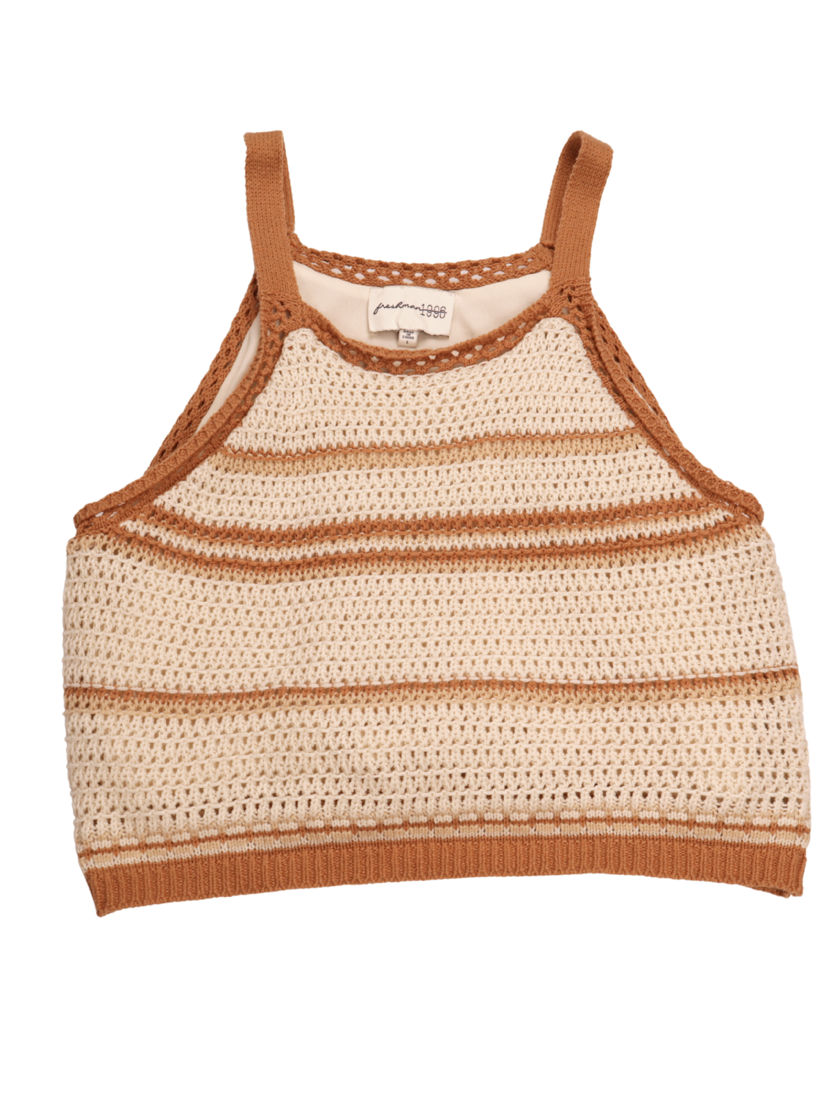 Freshman 1996 Crochet Knit Cropped Tank Top – Boho Neutral Striped Size Large