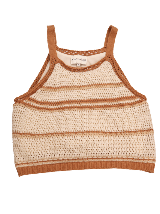 Freshman 1996 Crochet Knit Cropped Tank Top – Boho Neutral Striped Size Large