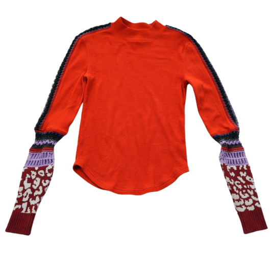 Free People Embroidered Sleeve Thermal Top – Red Statement Piece Size Small