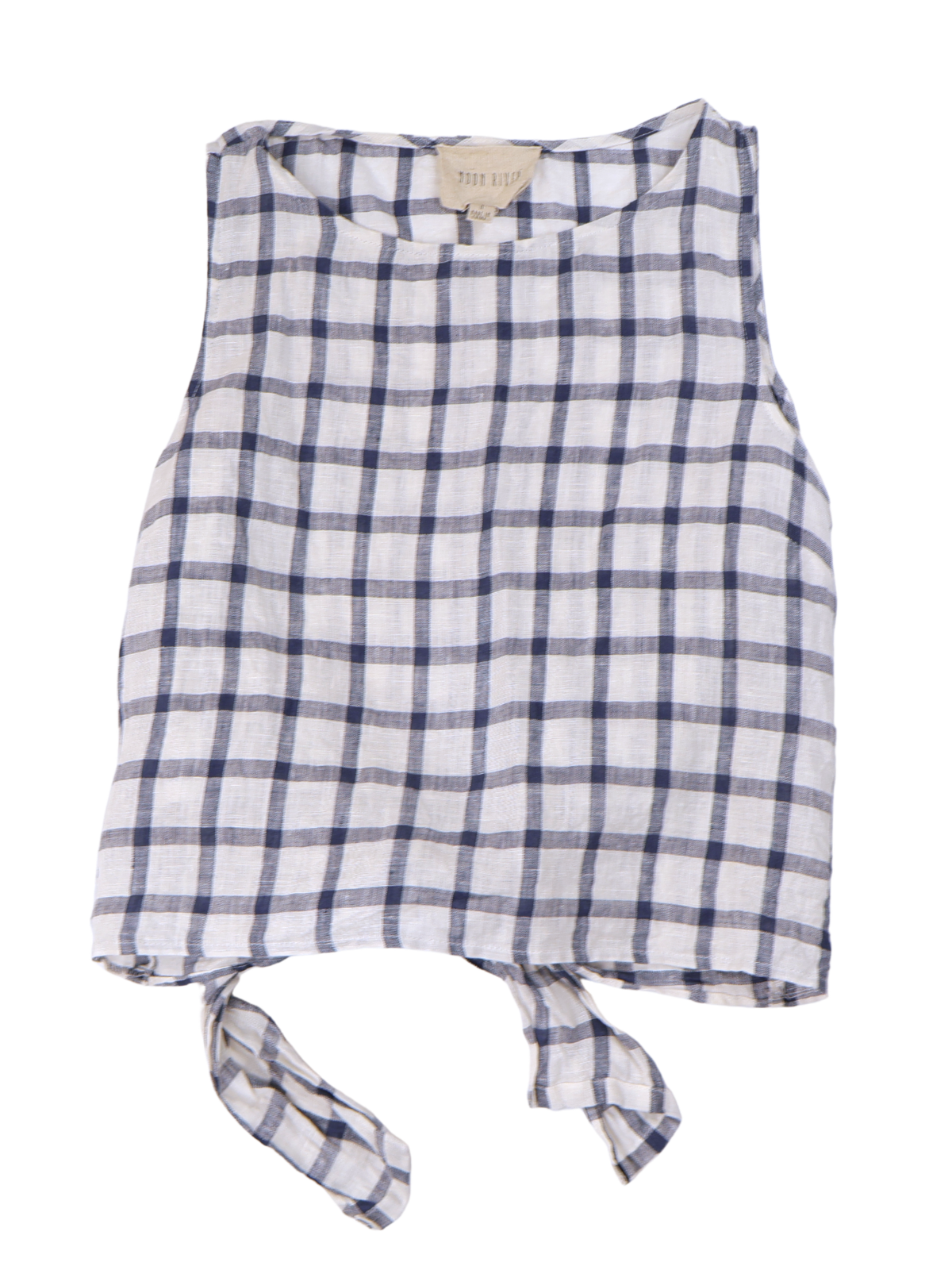 Moon River 100% Linen Plaid Tie Back Crop Tank Top Medium Blue White Coastal