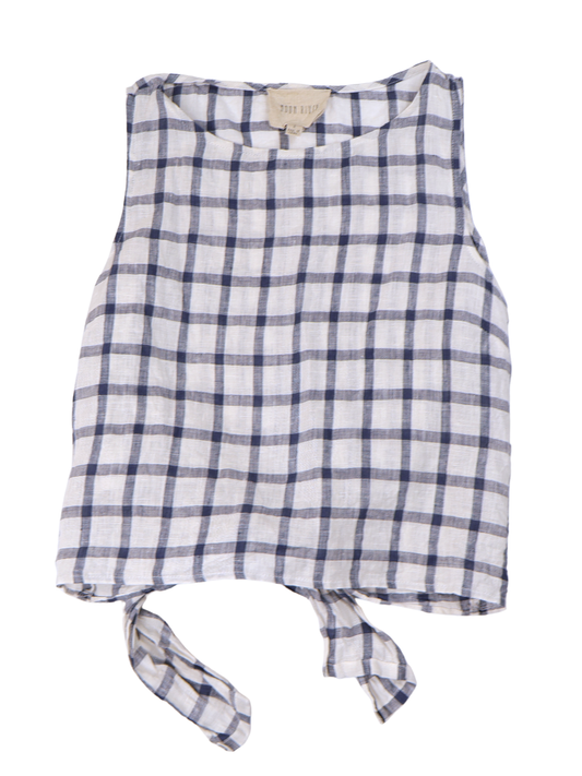 Moon River 100% Linen Plaid Tie Back Crop Tank Top Medium Blue White Coastal