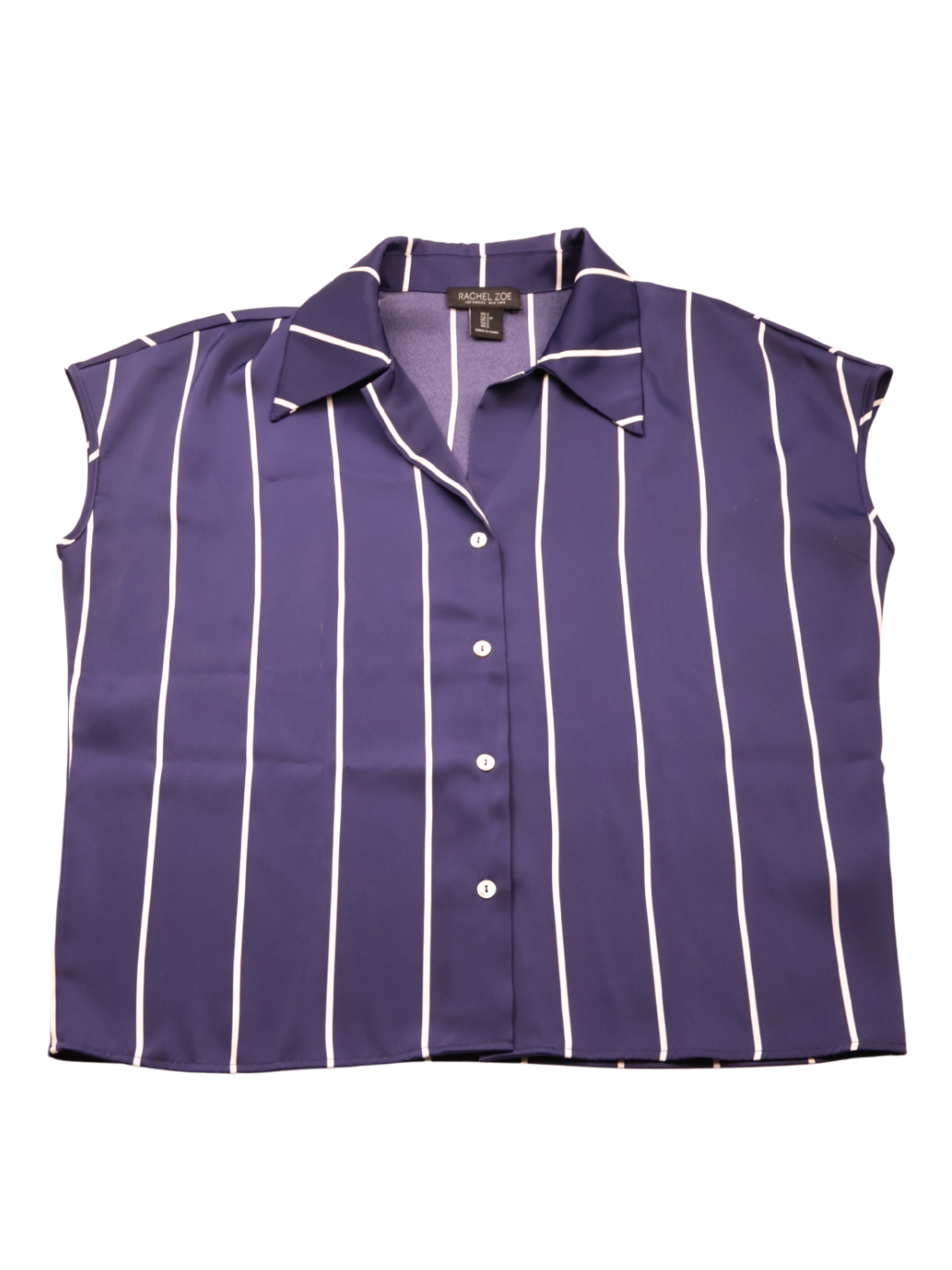 Rachel Zoe Navy Stripe Button Front Blouse | Tailored Relaxed Fit | Size M