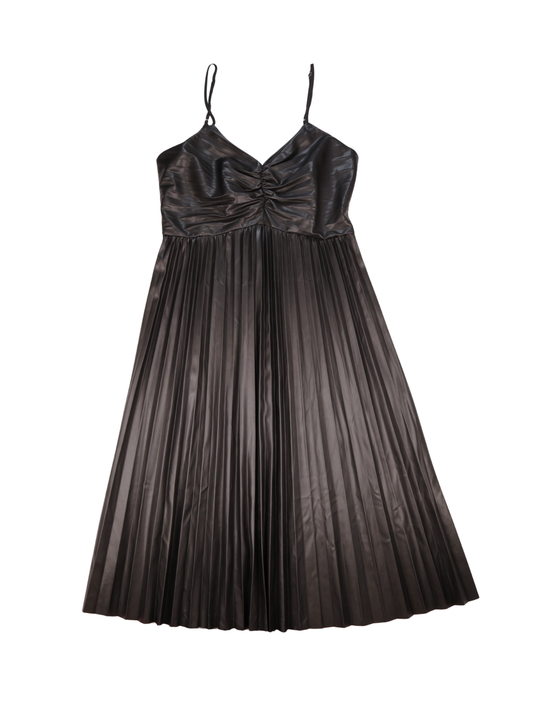 Entro Faux Leather Pleated Midi Dress – Black Statement Dress Size Small
