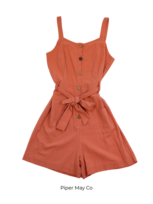Pink Flare Burnt Orange Tie-Waist Romper – Effortless Summer Staple (Size Medium)
