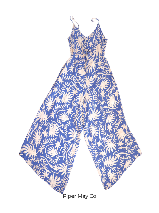 Japna Blue & Cream Tropical Wide-Leg Romper | Effortless Resort Statement | Size XS