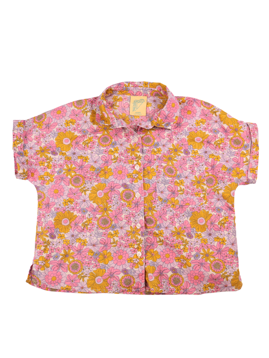 Thereabouts Retro Floral Button Up Shirt Kids Medium 10/12 Pink Yellow