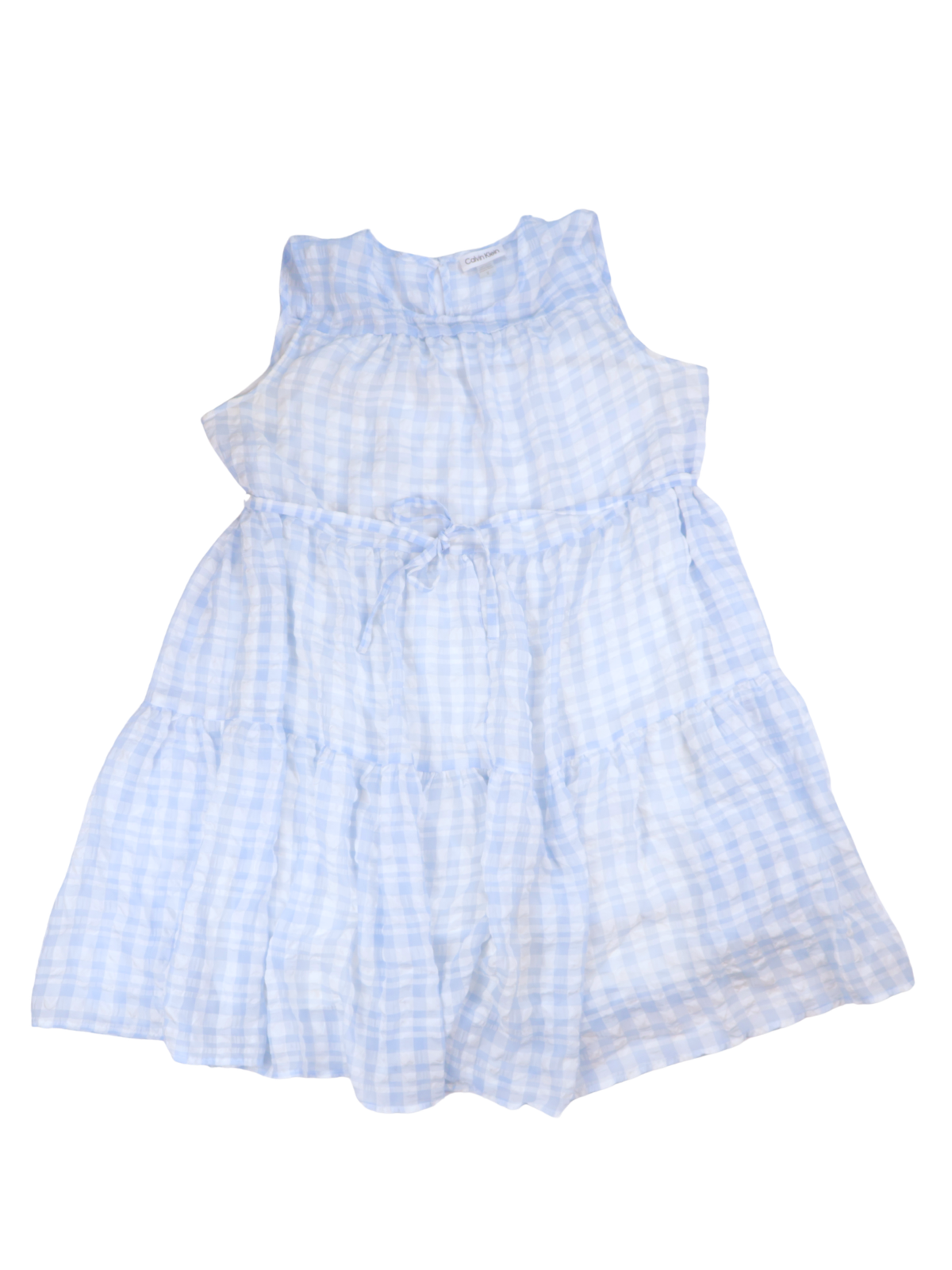 Calvin Klein Blue & White Gingham Tiered Dress | Sleeveless Tie Waist Dress | Size 12