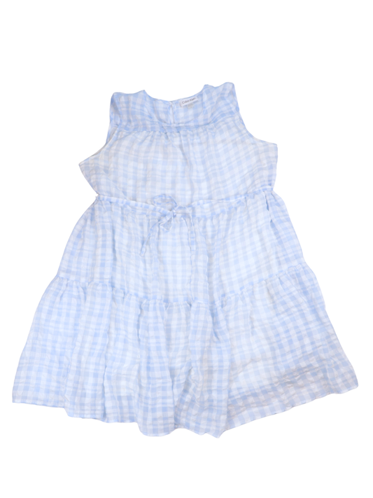 Calvin Klein Blue & White Gingham Tiered Dress | Sleeveless Tie Waist Dress | Size 12