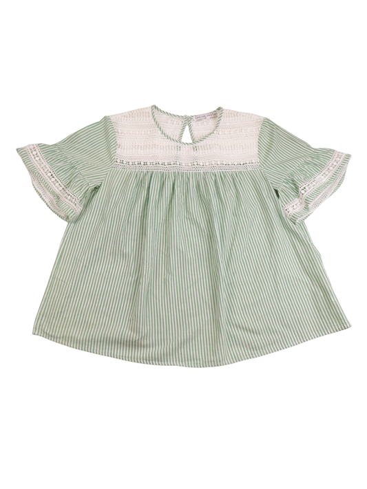 English Factory Green Stripe Blouse Size M | Lace Detail Boho Top | Feminine Statement