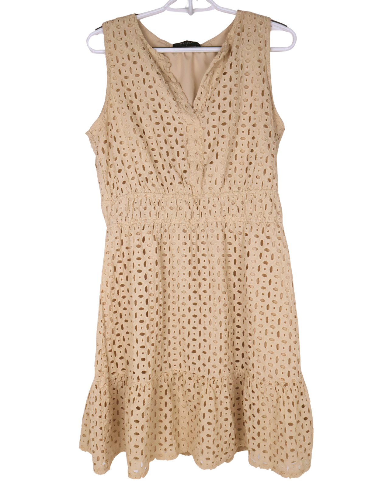 ZESICA Cream Eyelet Dress Large Sleeveless V Neck Tiered Summer Dress