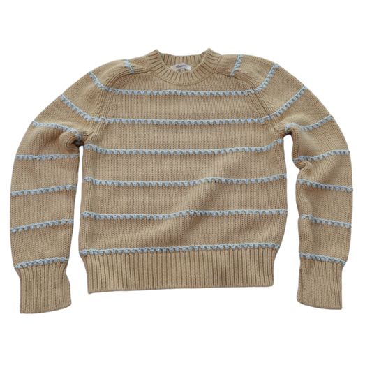 Madewell Cotton Knit Sweater – Tan with Blue Stripe Detail | Size Small | Elevated Everyday Staple