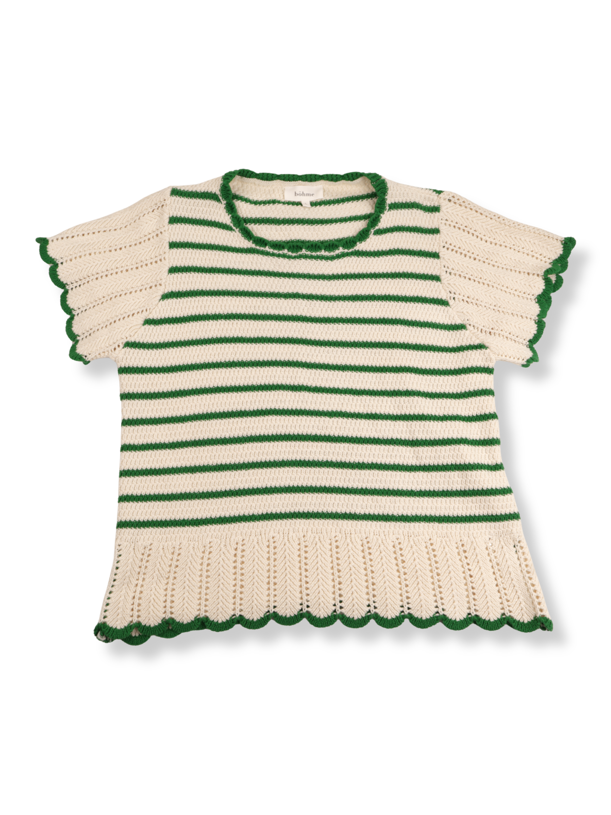 Böhme Crochet Knit Sweater Top Size L | Cream & Green Striped Scalloped Hem