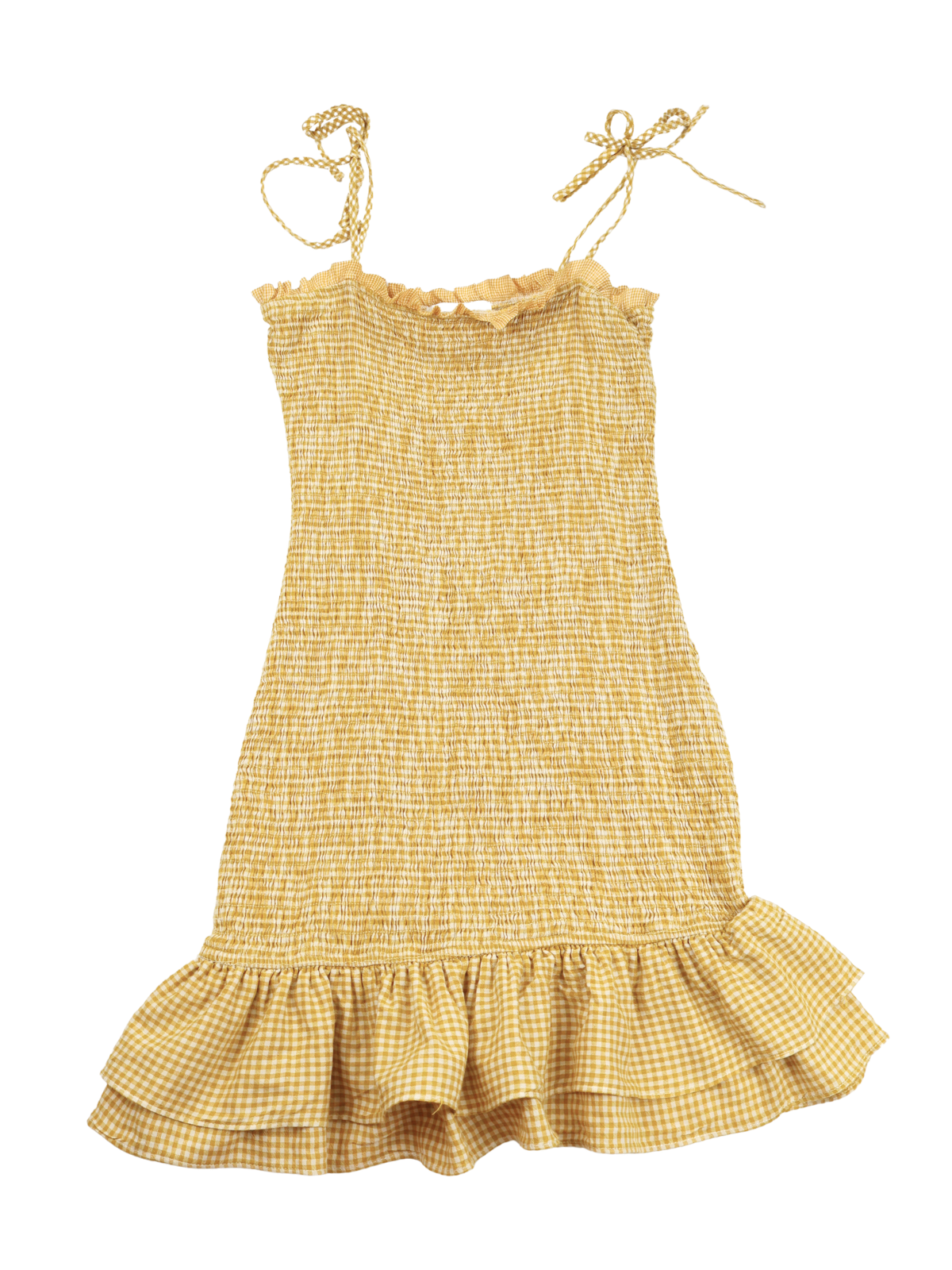 Gilli Mustard Yellow Gingham Smocked Ruffle Dress Size Small