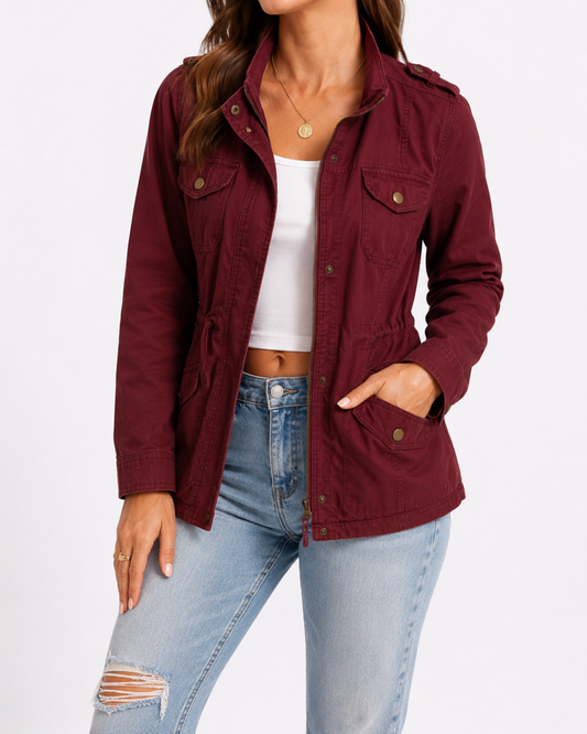 Prince & Foxy Maroon Utility Jacket | Hooded Cargo Military Style Jacket | XL