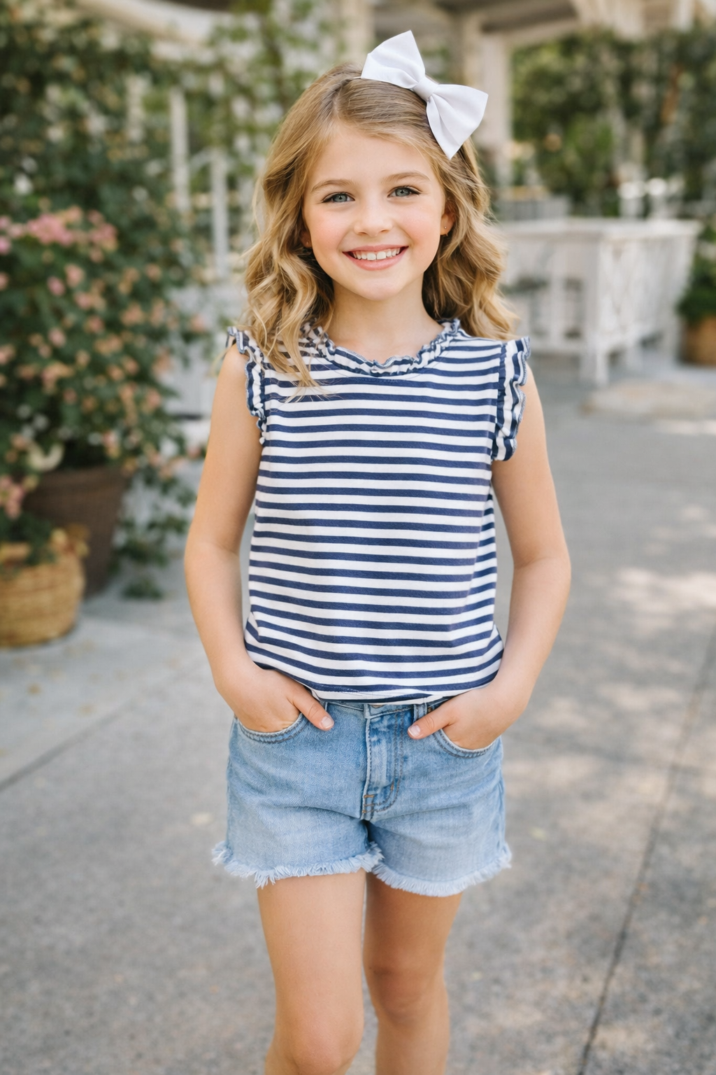 Hayden Girls Navy & White Striped Ruffle Sleeve Tank – Effortless Summer Style (Size Medium)