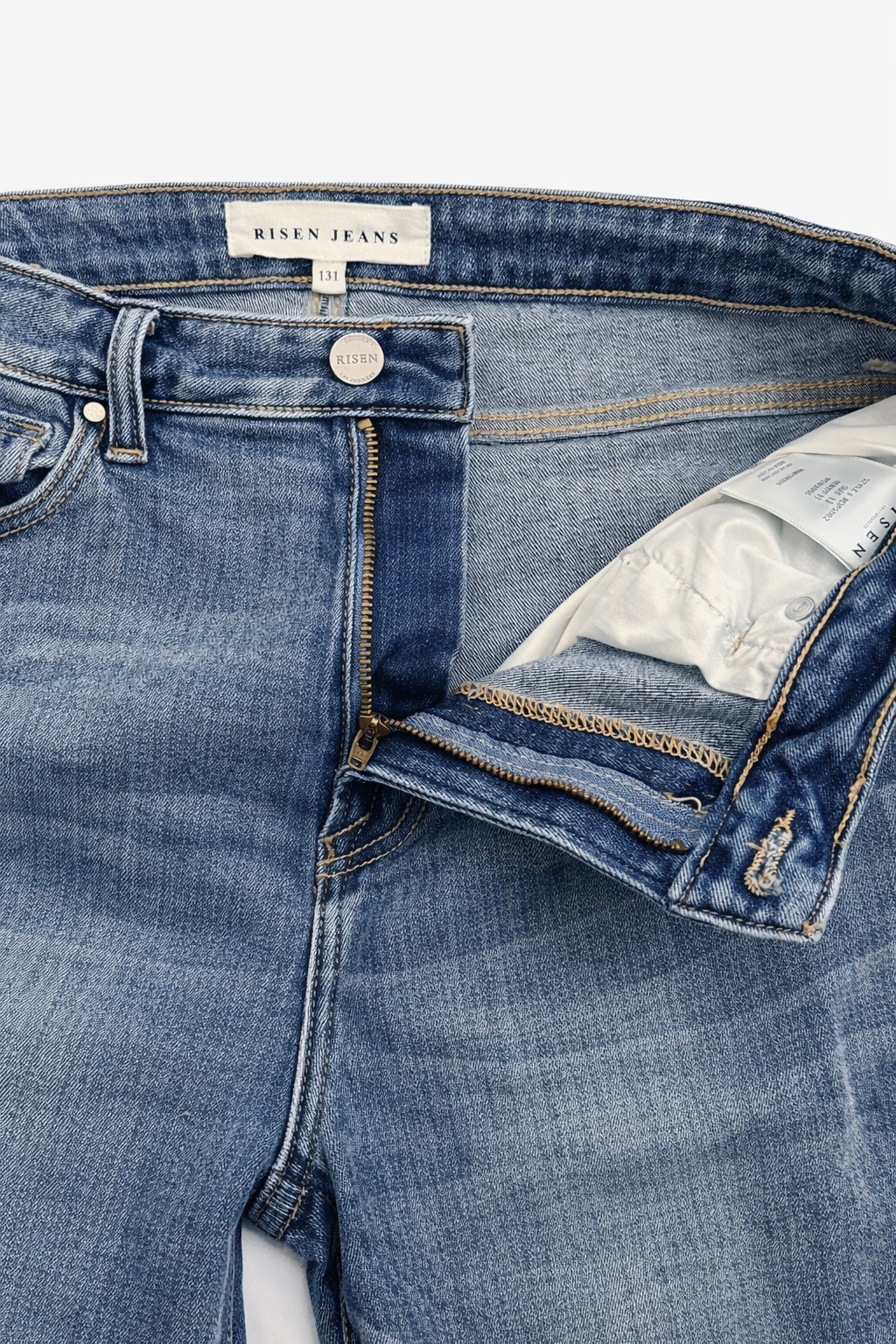 Risen High Rise Flare Jeans – Distressed Raw Hem Medium Wash Denim (Size 13/31)