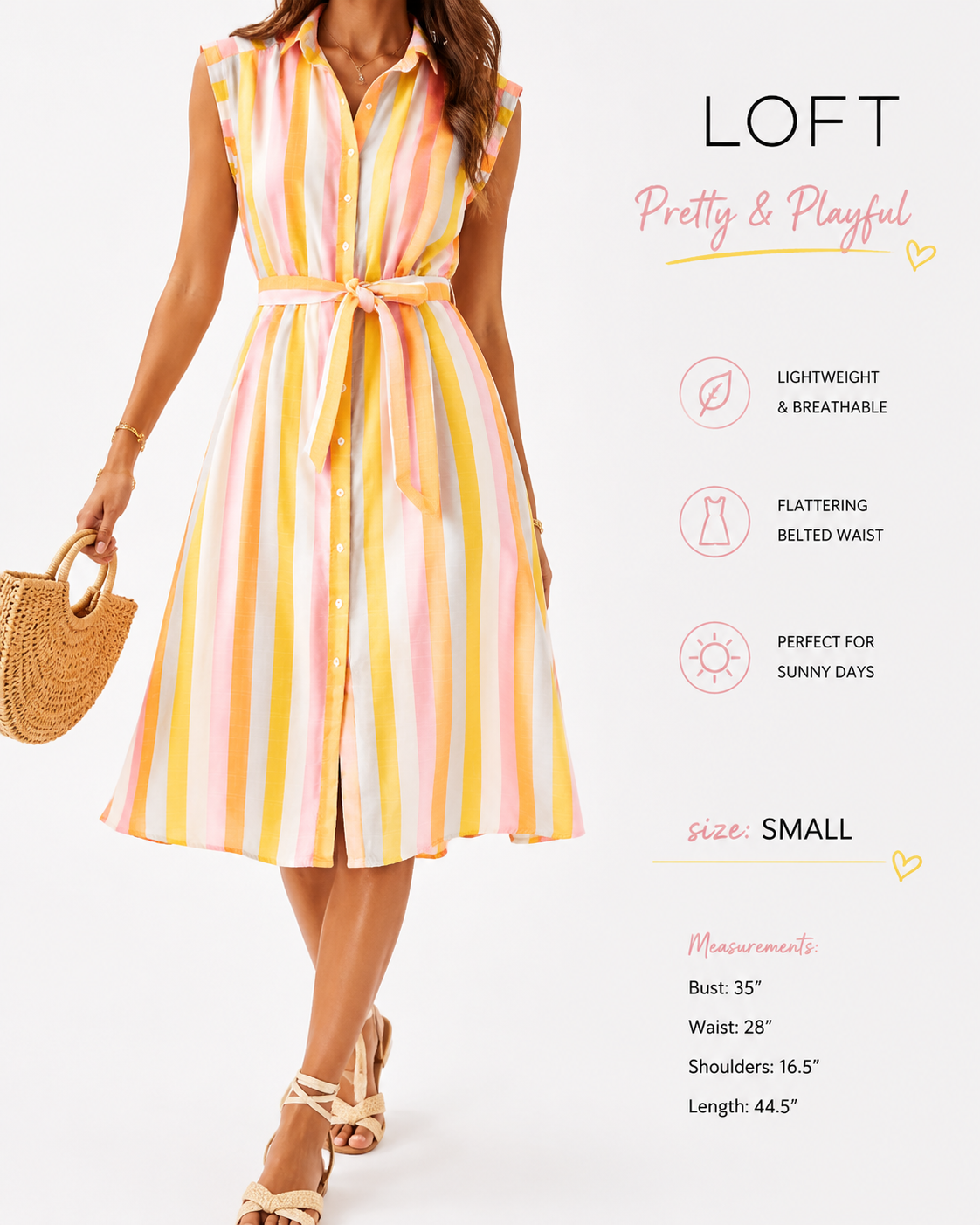 LOFT Striped Button Front Midi Shirt Dress Small Pink Orange Yellow Belted Summer
