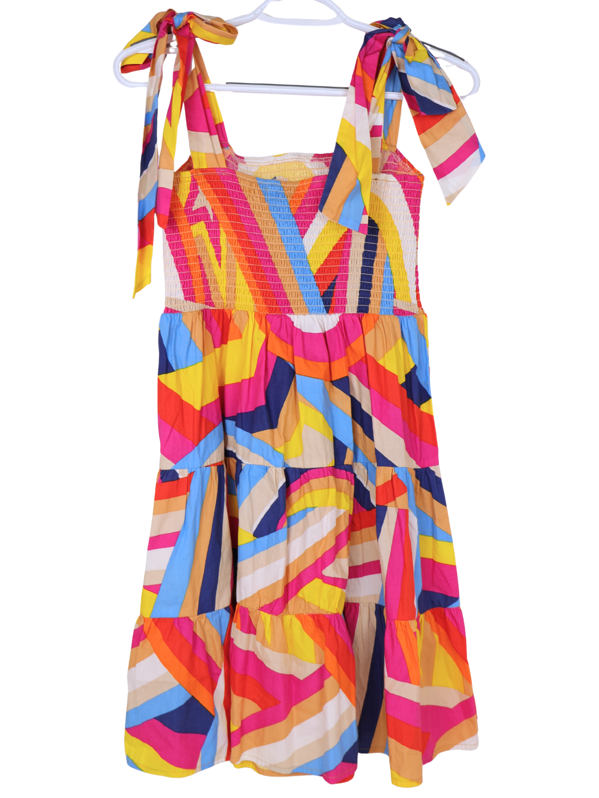 Flying Tomato Abstract Multicolor Smocked Tiered Dress Medium Tie Strap