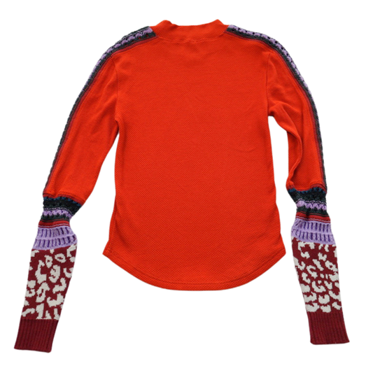 Free People Embroidered Sleeve Thermal Top – Red Statement Piece Size Small