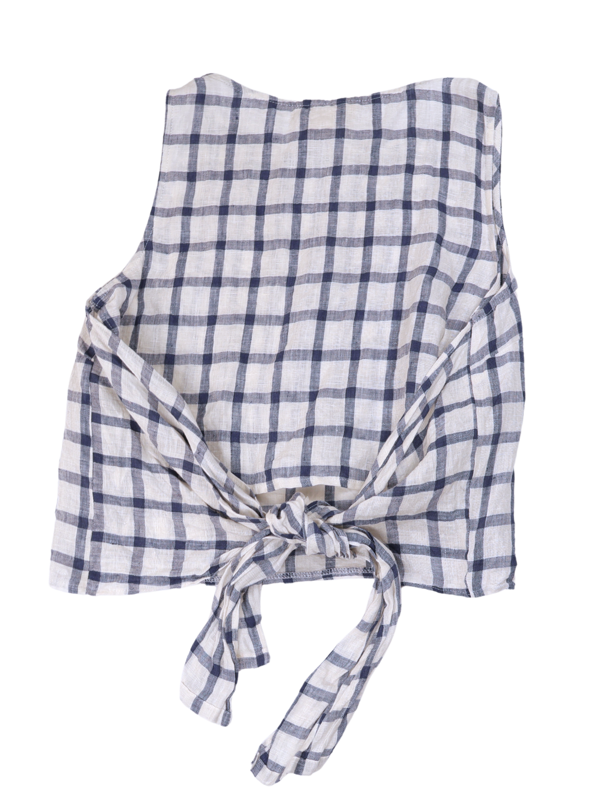 Moon River 100% Linen Plaid Tie Back Crop Tank Top Medium Blue White Coastal