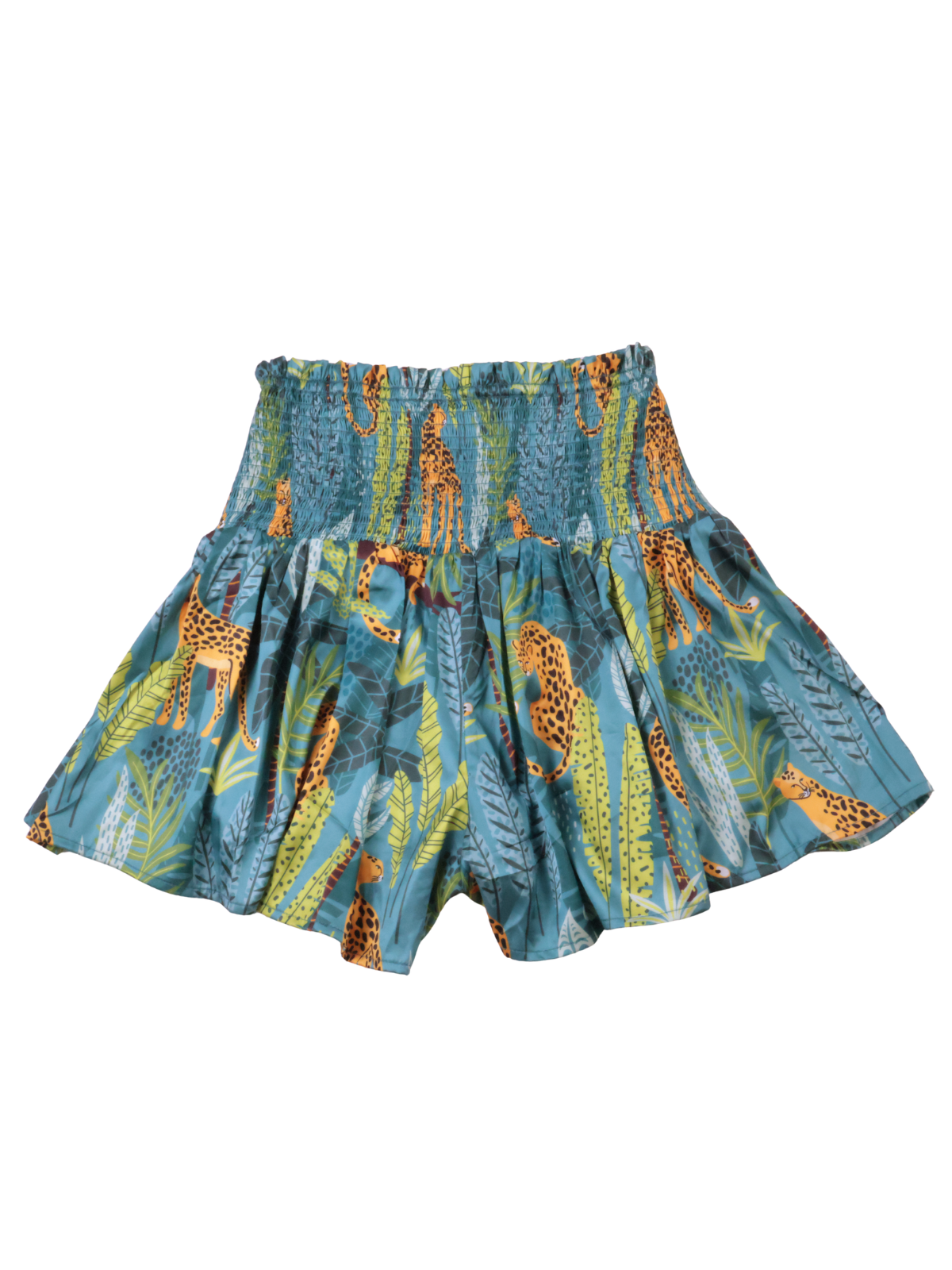 Entro Tropical Cheetah Smocked Shorts | Teal Jungle Print | Size Small