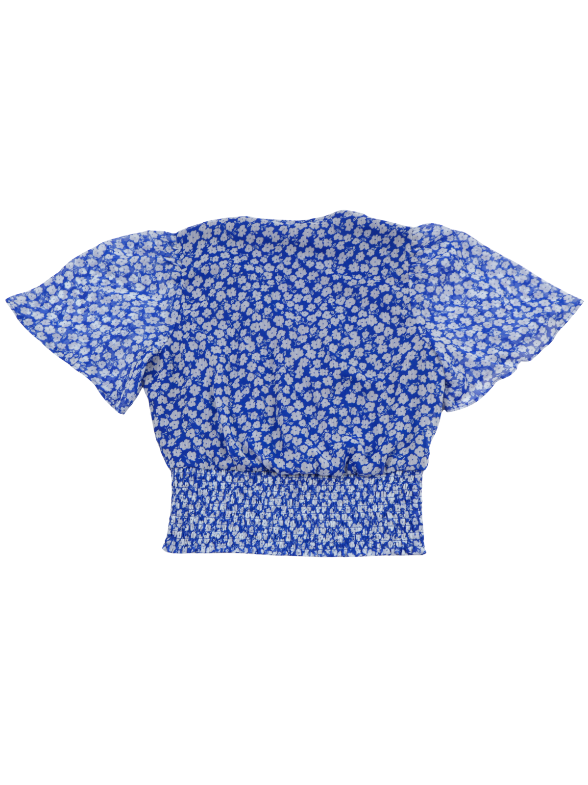 Haver & Blair Blue Floral Smocked Crop Blouse – Feminine Wrap Style (Size Small)