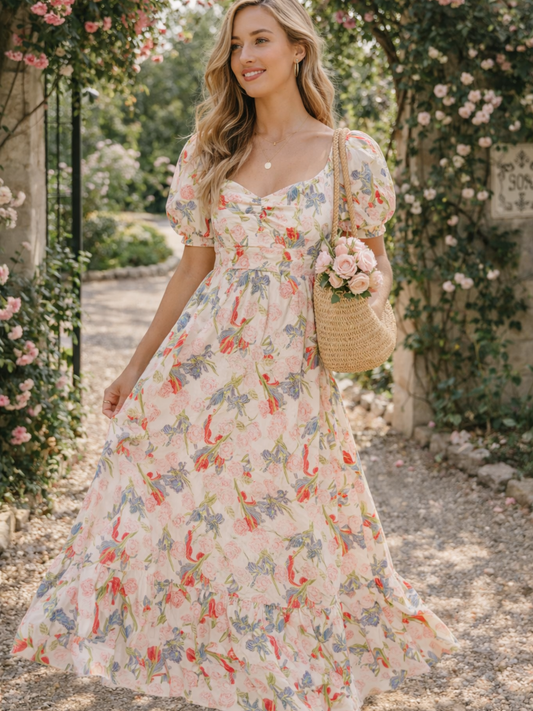 English Factory Floral Maxi Dress Puff Sleeve Sweetheart Neck Multicolor Size Small NWT