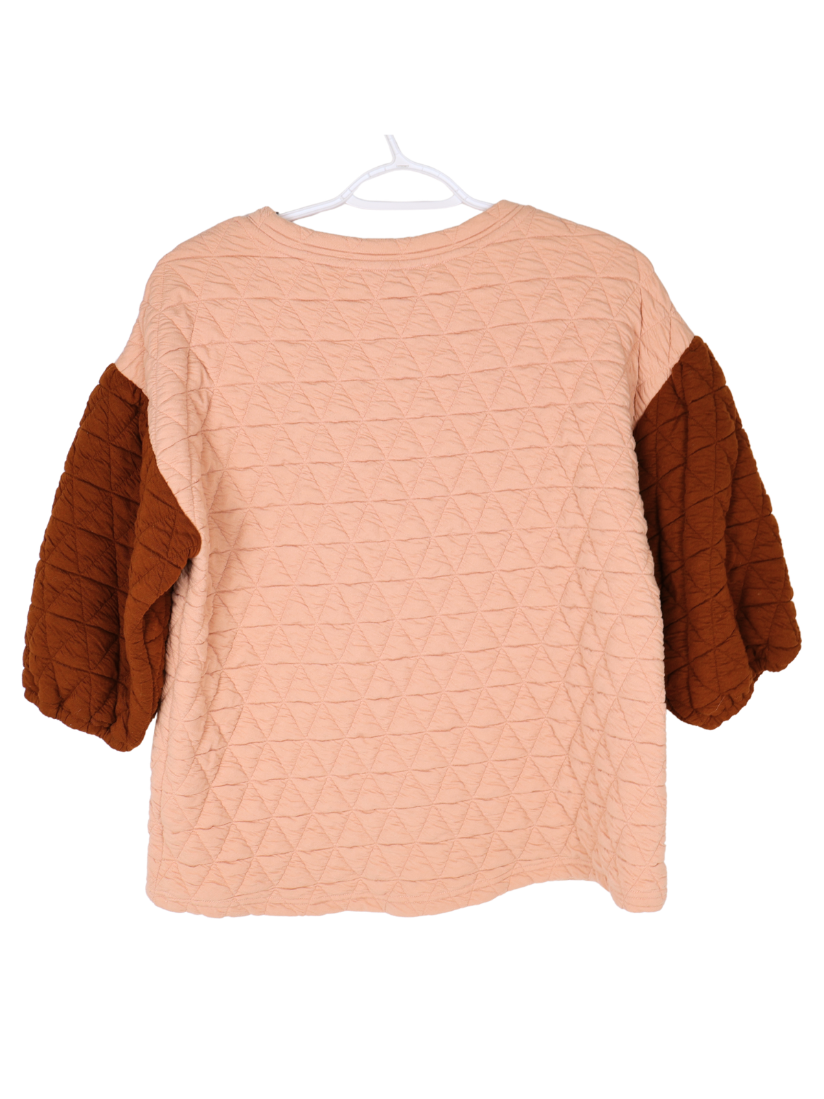 See and Be Seen Quilted Colorblock Top Small Pink Brown Puff Sleeve