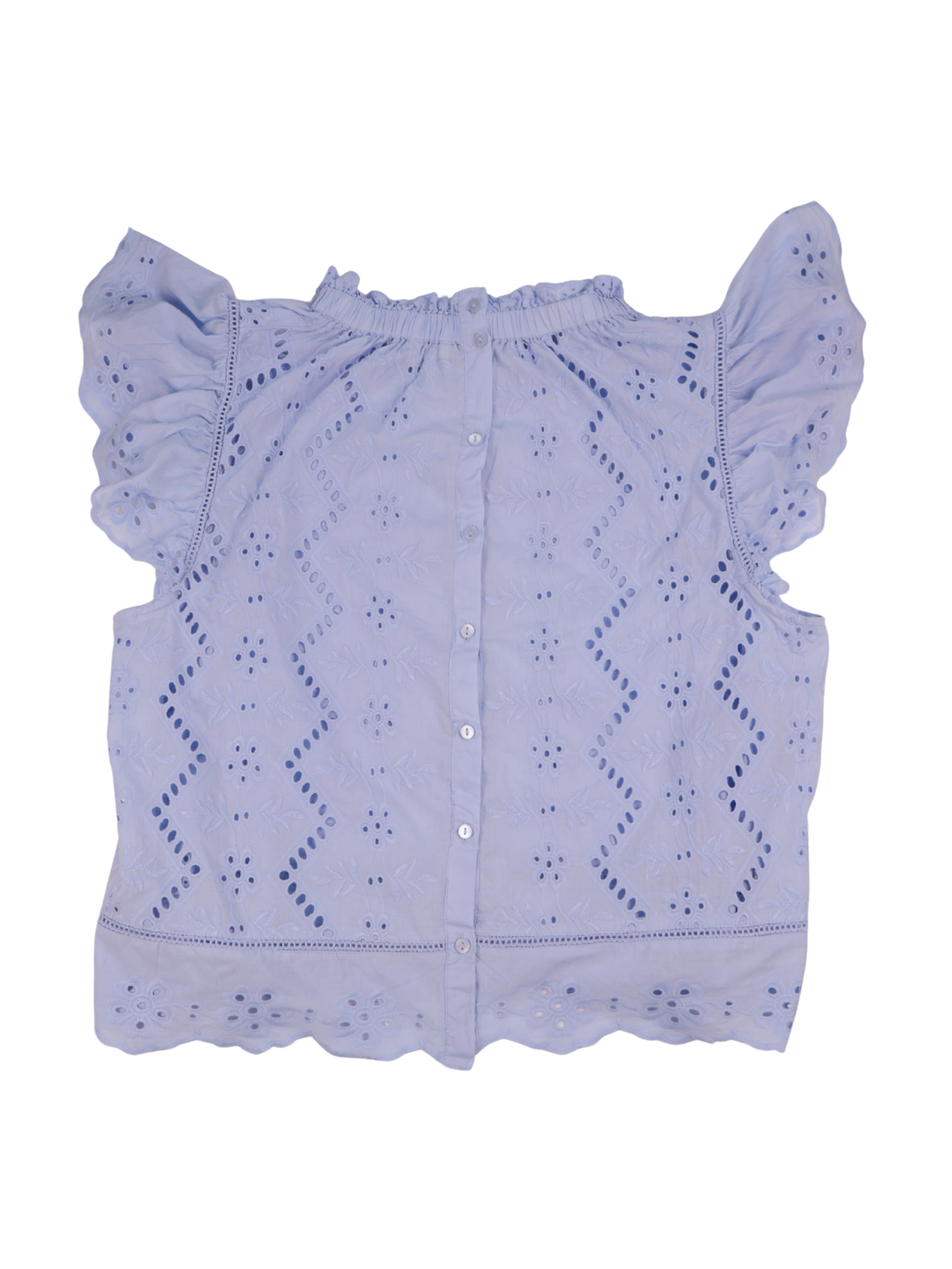 Jennifer & Grace Blue Embroidered Eyelet Blouse | Button Back Flutter Sleeve Top | Large