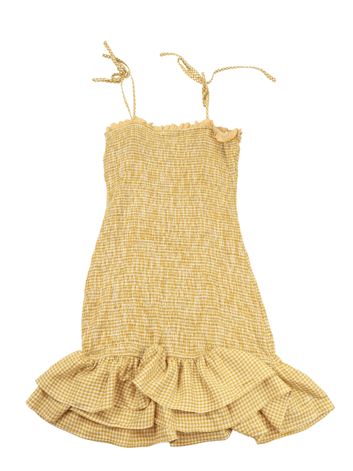Gilli Mustard Yellow Gingham Smocked Ruffle Dress Size Small