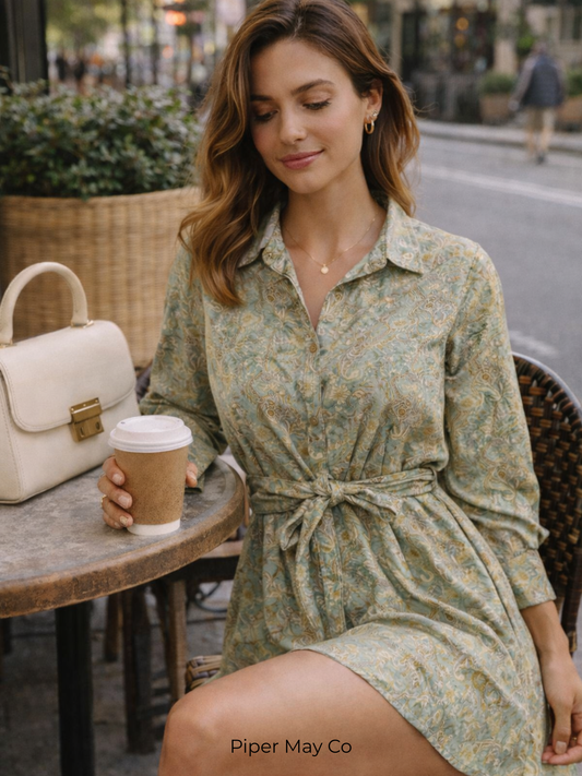 Moodie NWT Printed Tie-Waist Shirt Dress – Effortless Luxe Essential | Size Medium