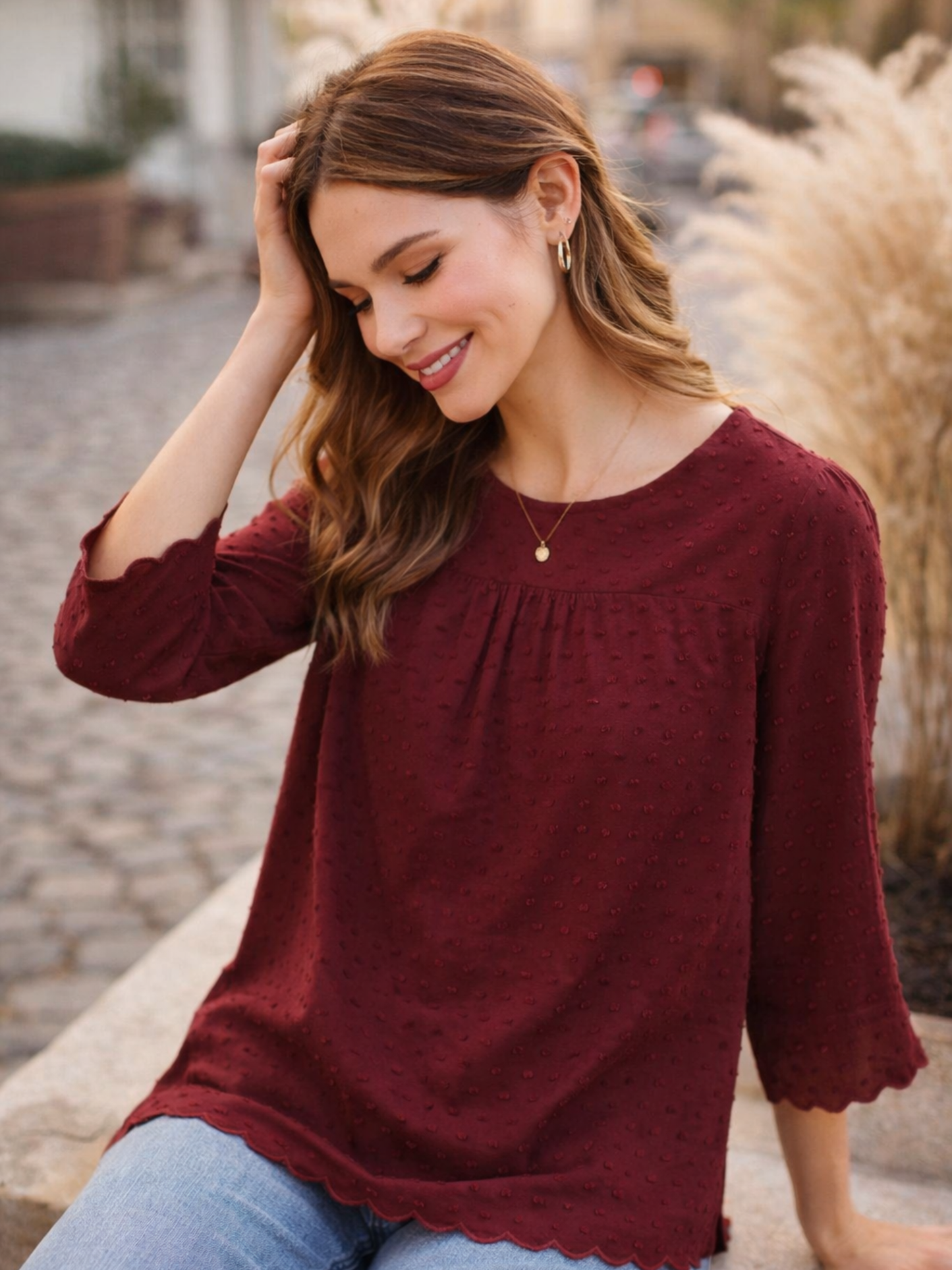 Maeve Maroon Textured Blouse – Romantic Scalloped Hem Top | Size 6