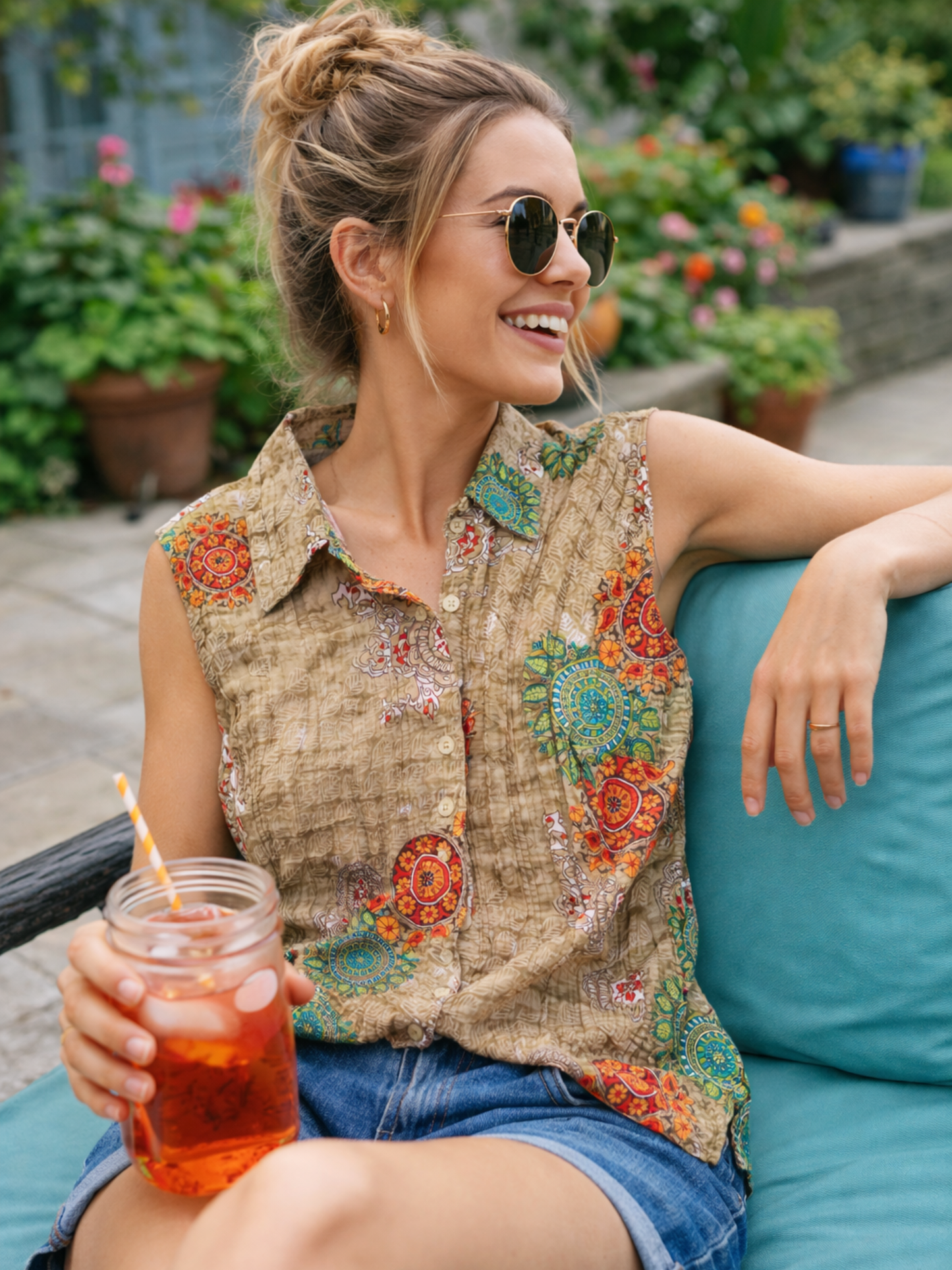 Harmony & Vine Printed Sleeveless Button Front Tank Top | Size Large | NWT