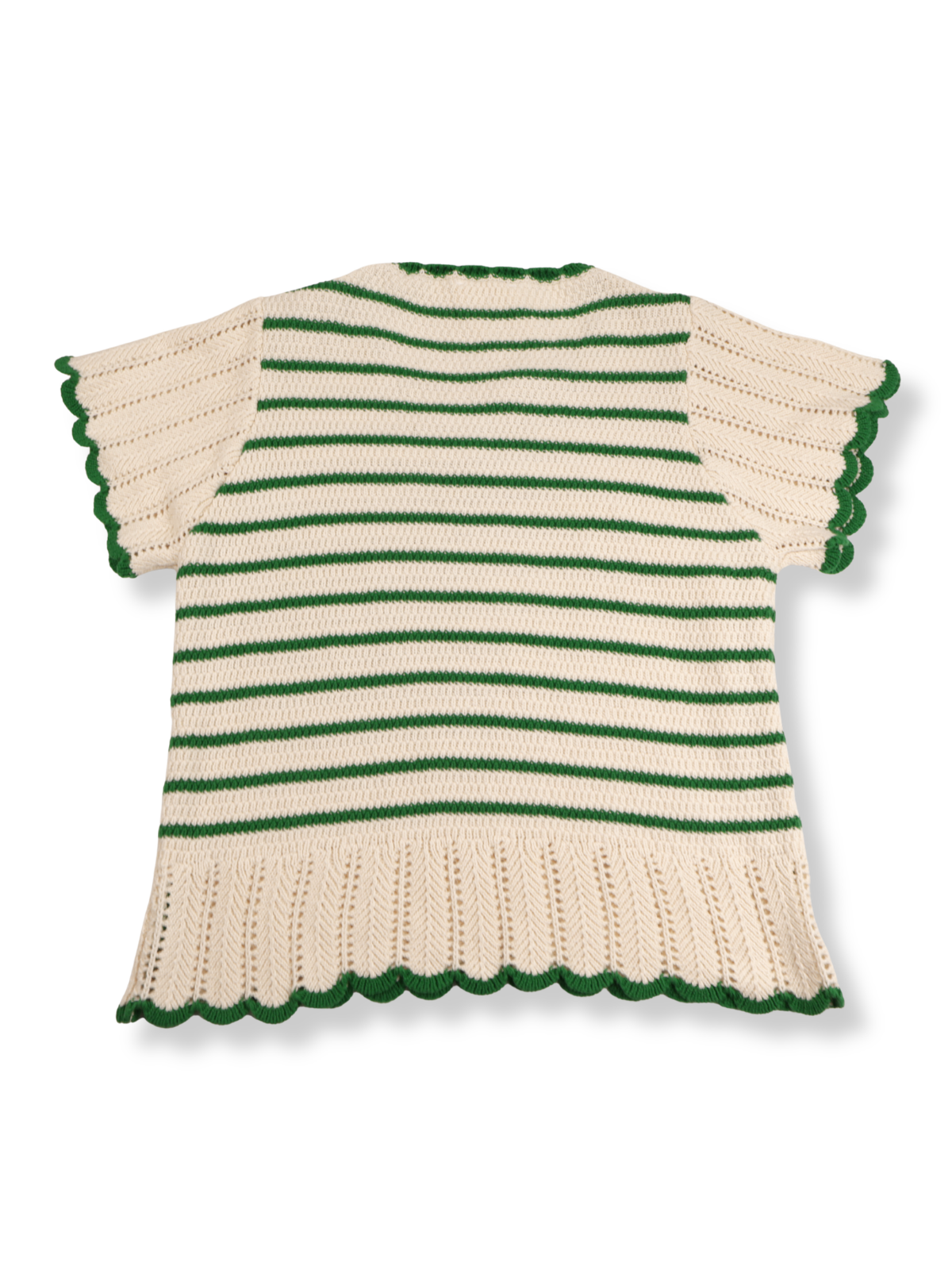 Böhme Crochet Knit Sweater Top Size L | Cream & Green Striped Scalloped Hem