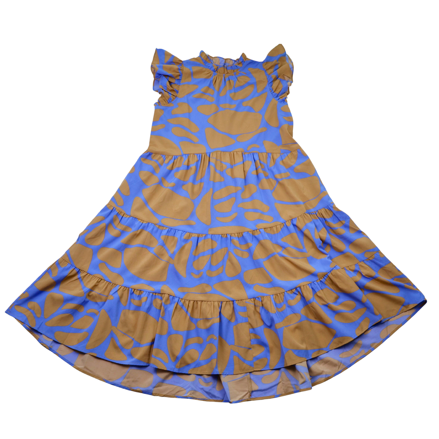 Pinch Abstract Print Midi Dress Blue & Tan Ruffle Sleeve Size Large