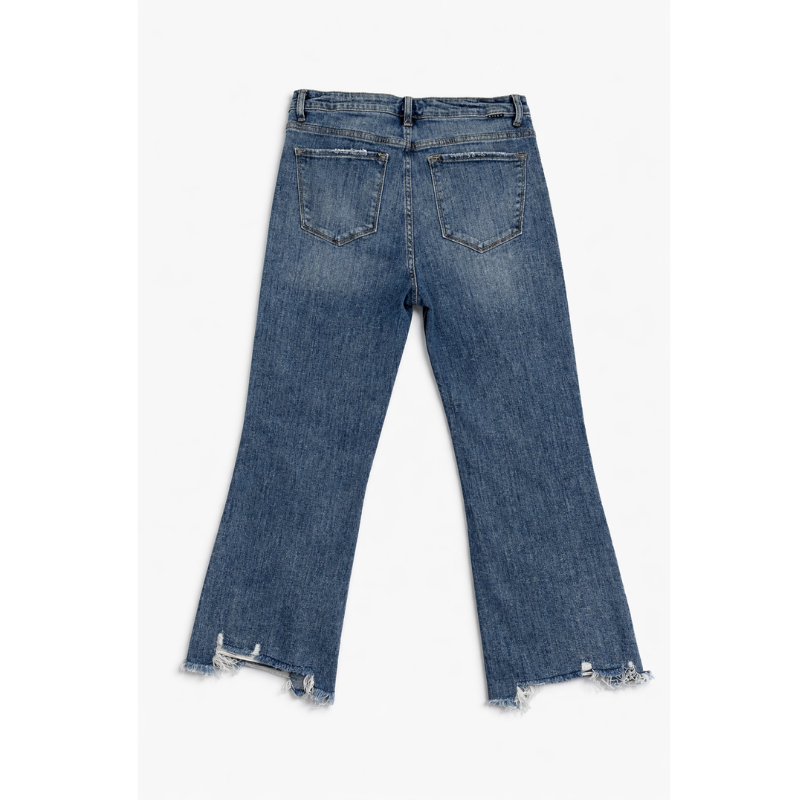 Risen High Rise Flare Jeans – Distressed Raw Hem Medium Wash Denim (Size 13/31)