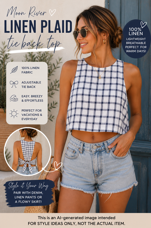 Moon River 100% Linen Plaid Tie Back Crop Tank Top Medium Blue White Coastal