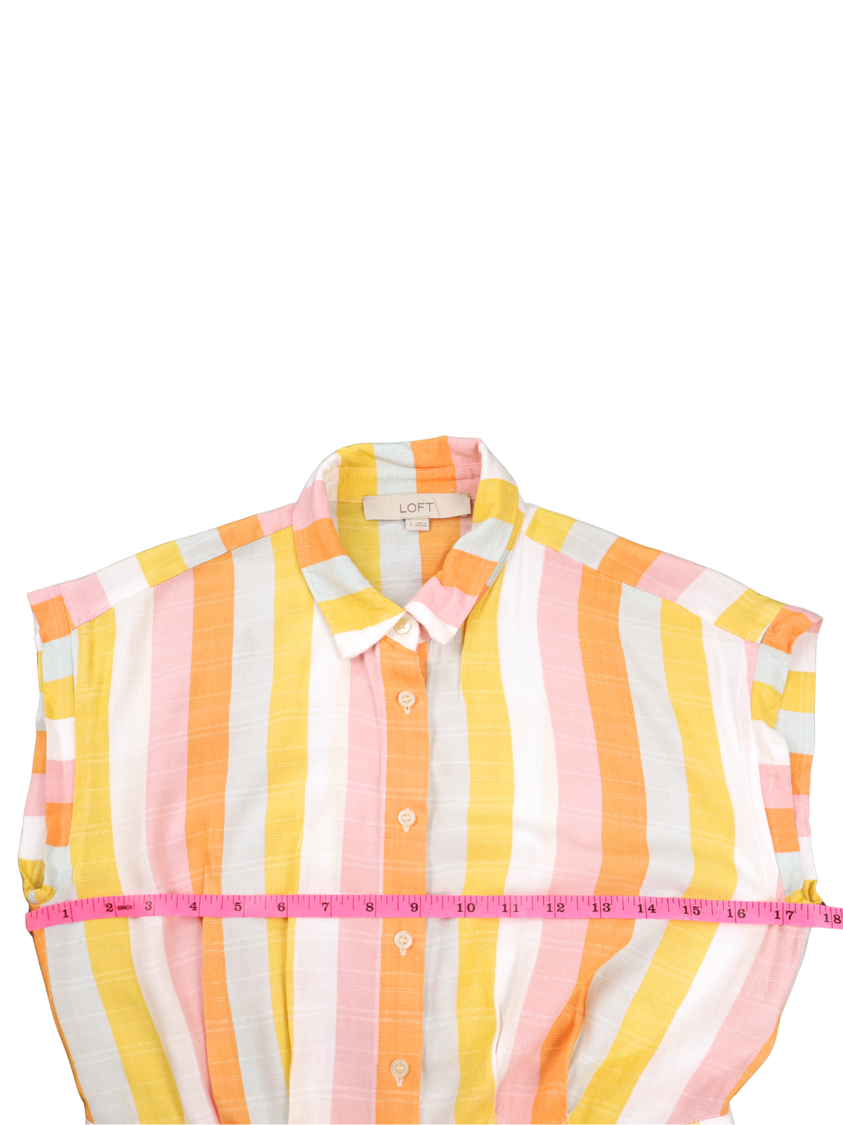 LOFT Striped Button Front Midi Shirt Dress Small Pink Orange Yellow Belted Summer