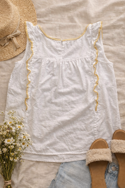 Cotton Raye Embroidered Ruffle Tank – White & Mustard | Size Medium