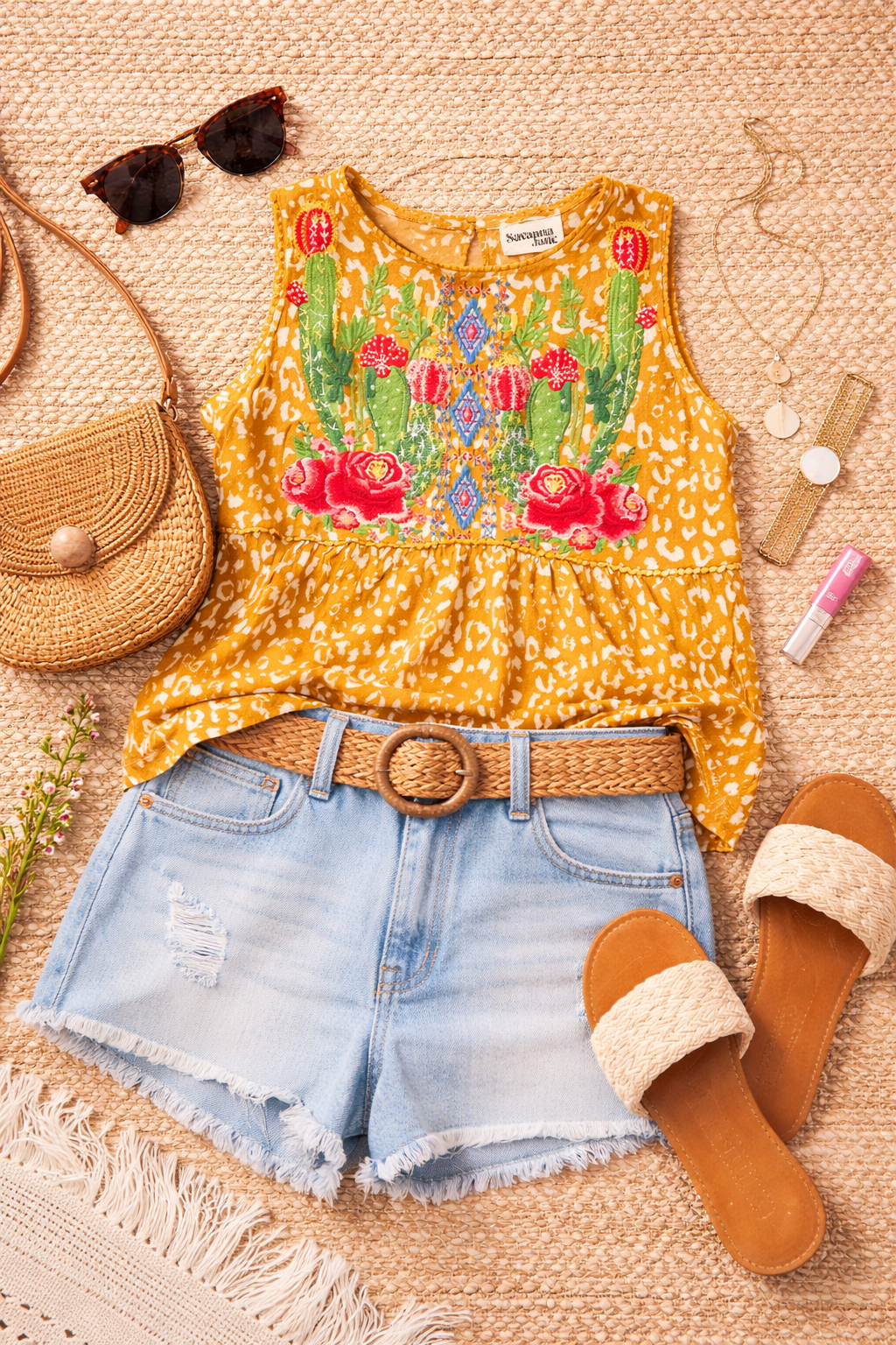 Savanna Jane Embroidered Boho Blouse – Mustard Cactus Floral | Size 1X