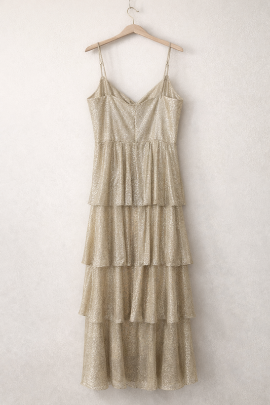Skies Are Blue Tiered Maxi Dress – Champagne Shimmer | Size Medium